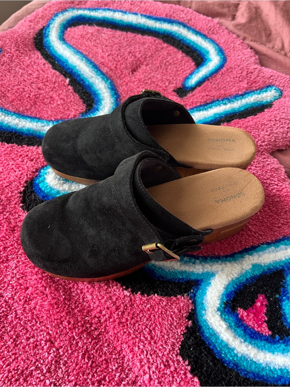 Sonoma Black Suede Slip-On Clogs with Buckle Accent